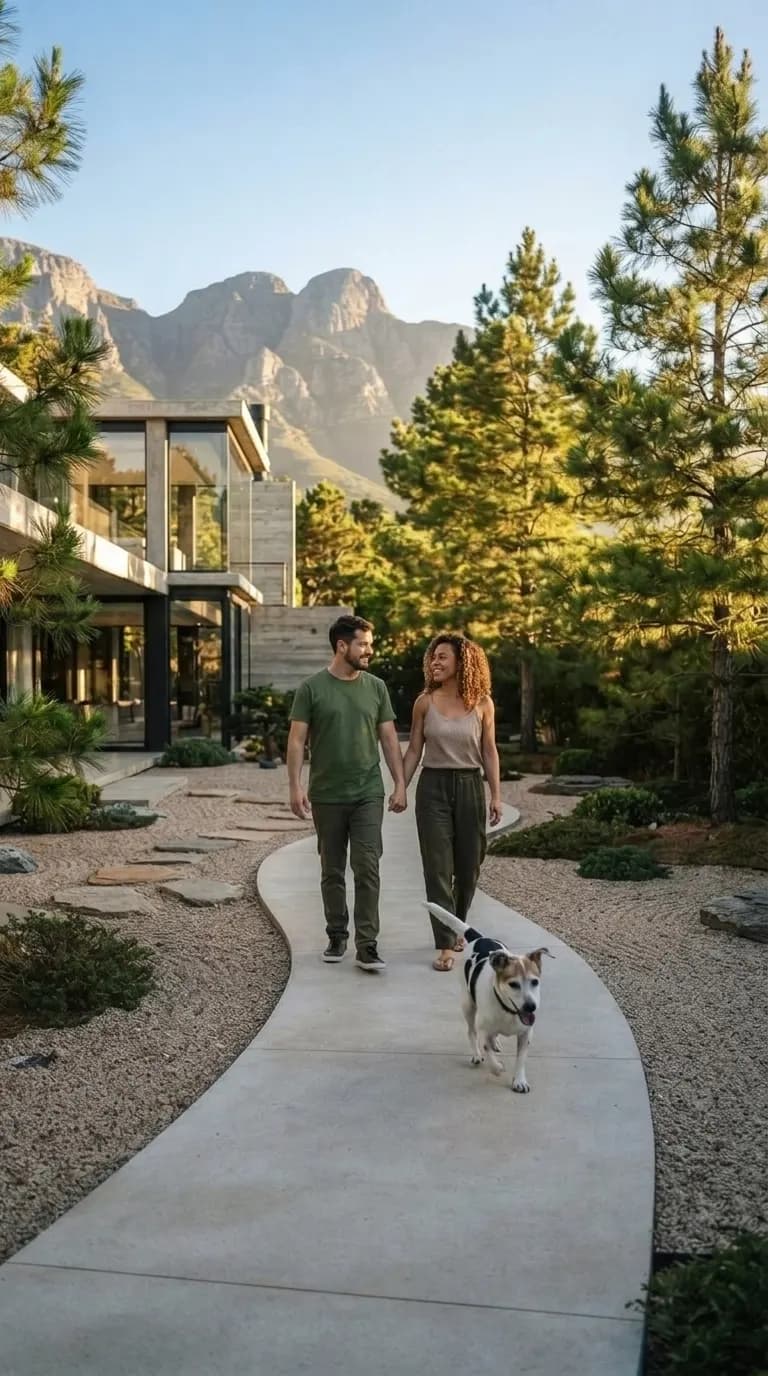 Casal caminhando com o cachorro pelo jardim de uma casa de vidro e concreto, com a serra ao fundo no fim da tarde.