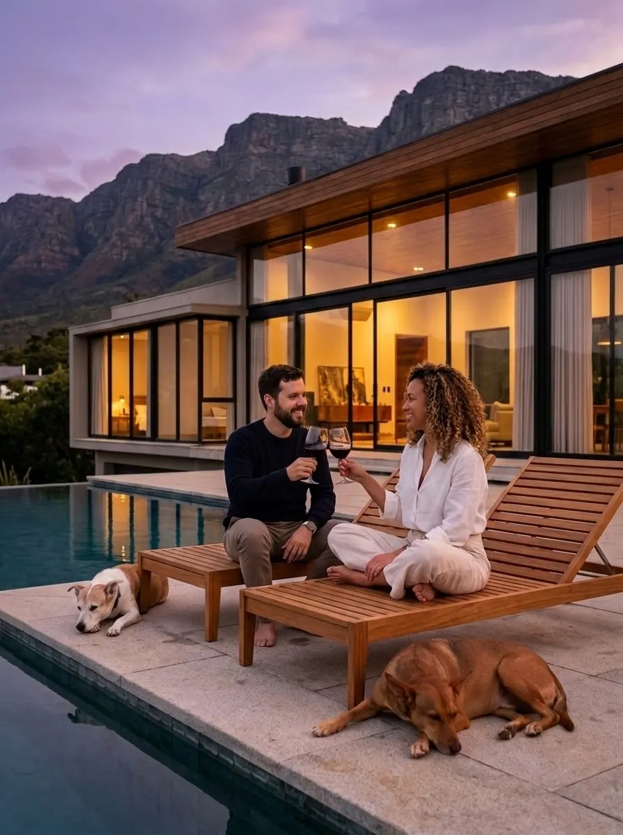 Casal brindando com taças de vinho na beira da piscina, casa acesa e céu lilás do entardecer.