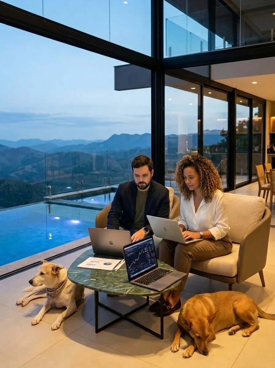 Casal com notebooks em poltronas na varanda, dois cachorros deitados no chão e o vale ao anoitecer.
