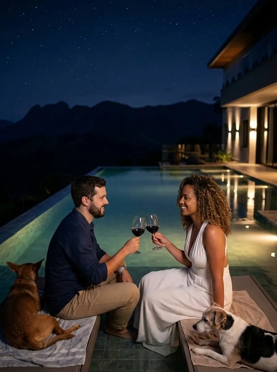 Casal brindando sentado na borda da piscina sob um céu estrelado, com os cachorros ao lado.